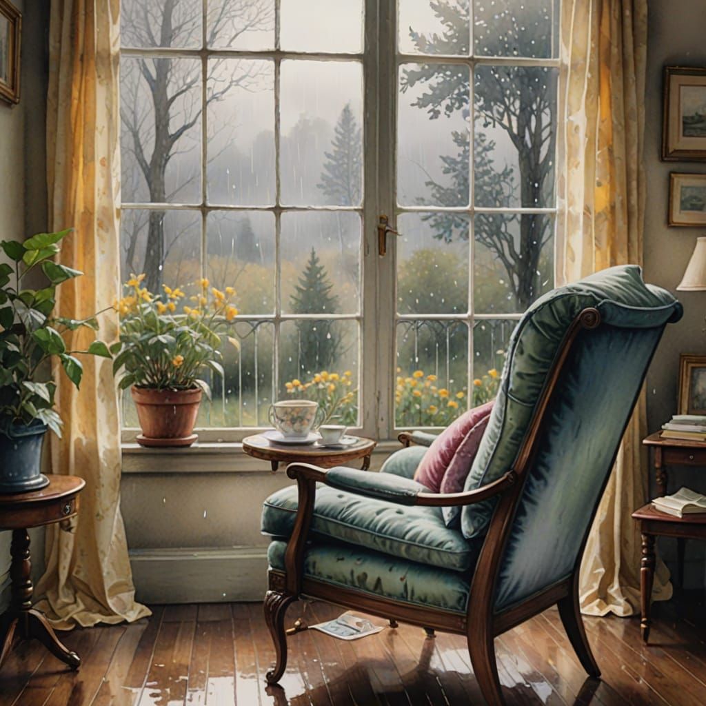 Cozy Armchair by Rainy Window, Watercolor Painting