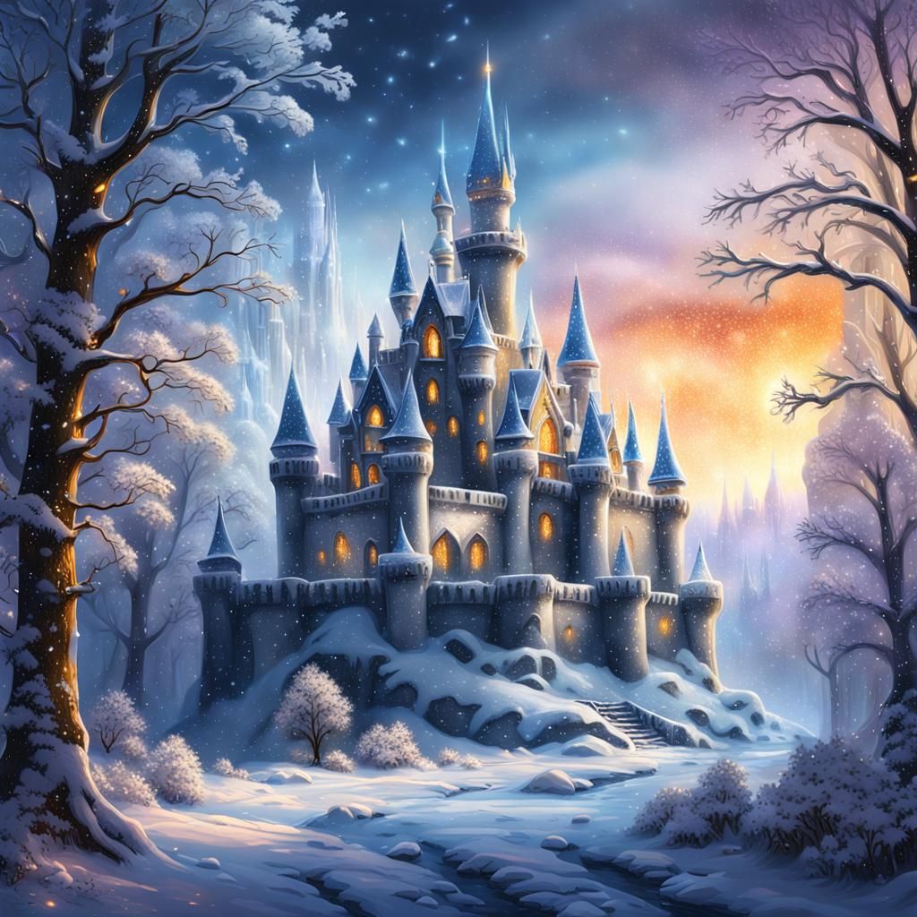 Icy Castle in Fantastical Winter Wonderland