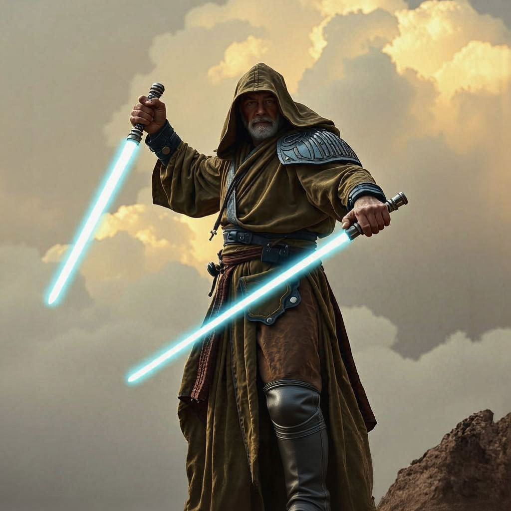 Heroic Intergalactic Jedi Master in Atmospheric Cloudscape