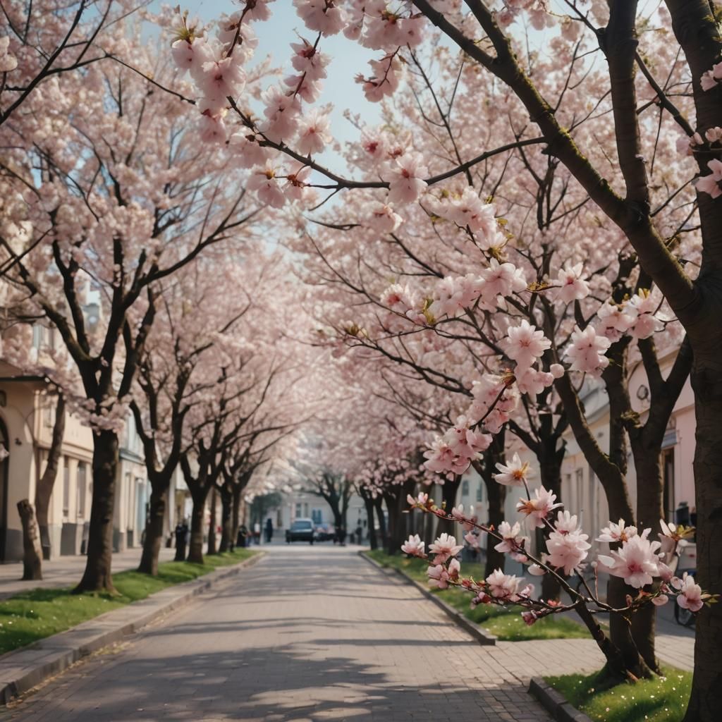 Blossoming European Street in Spring