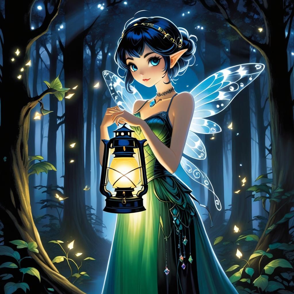 Pixie Lost in Forest with Glowing Lantern
