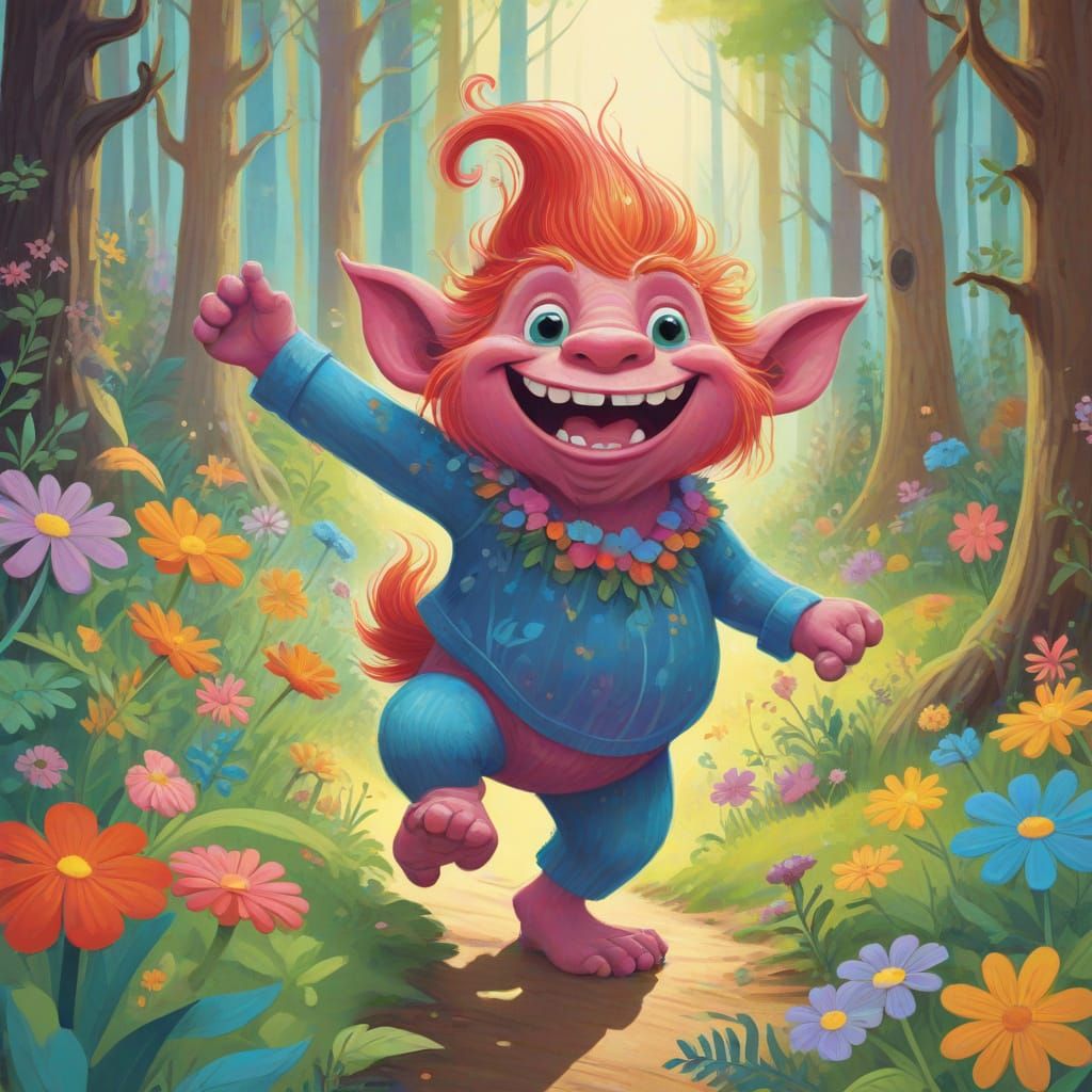 Playful Troll Dances in Whimsical Forest Illustration
