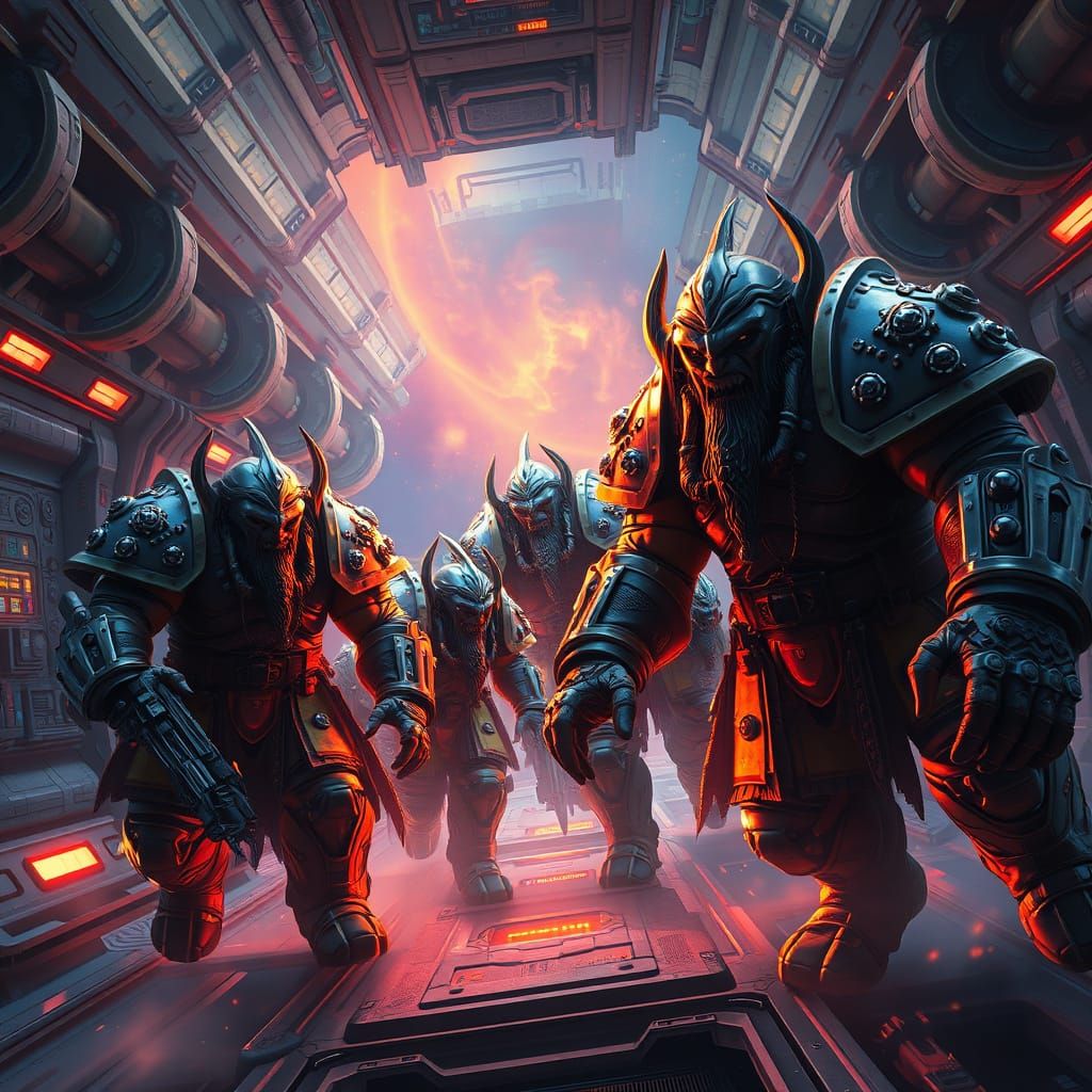 Epic Space Orcs in Neon-Lit Futuristic Armor