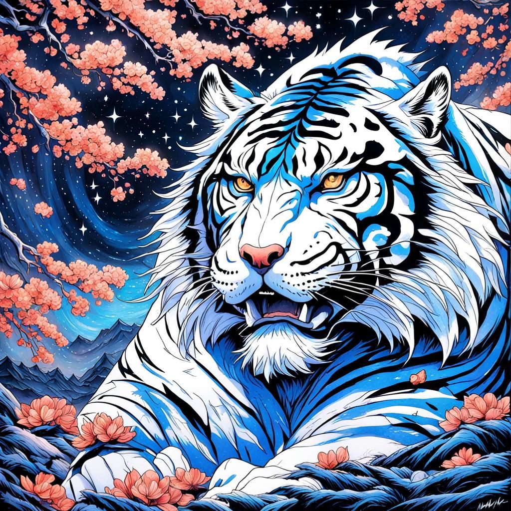 Majestic Tiger Under Starry Sky, Gouache Style