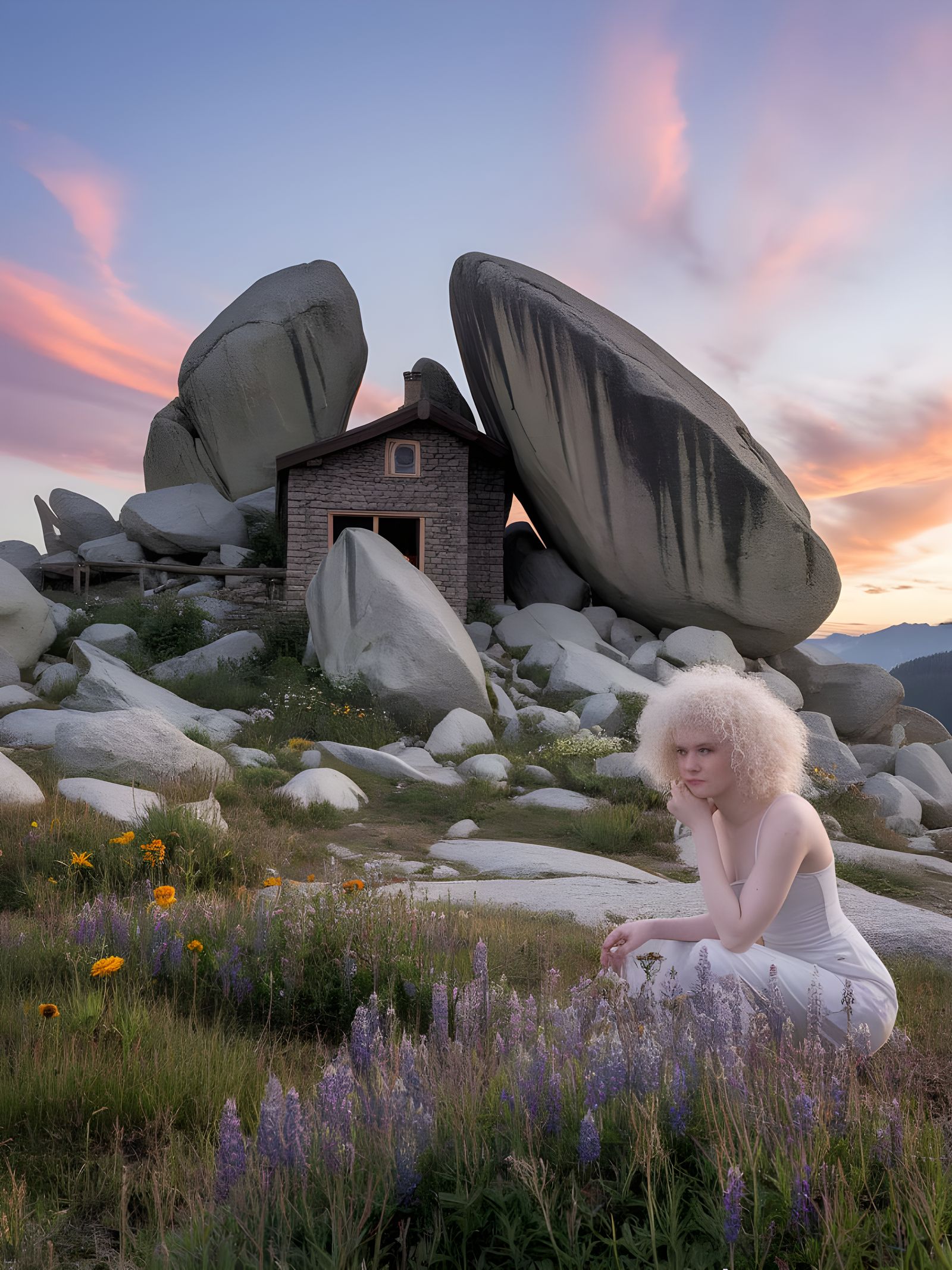 Albino Woman Contemplates Sunrise at Boulder House