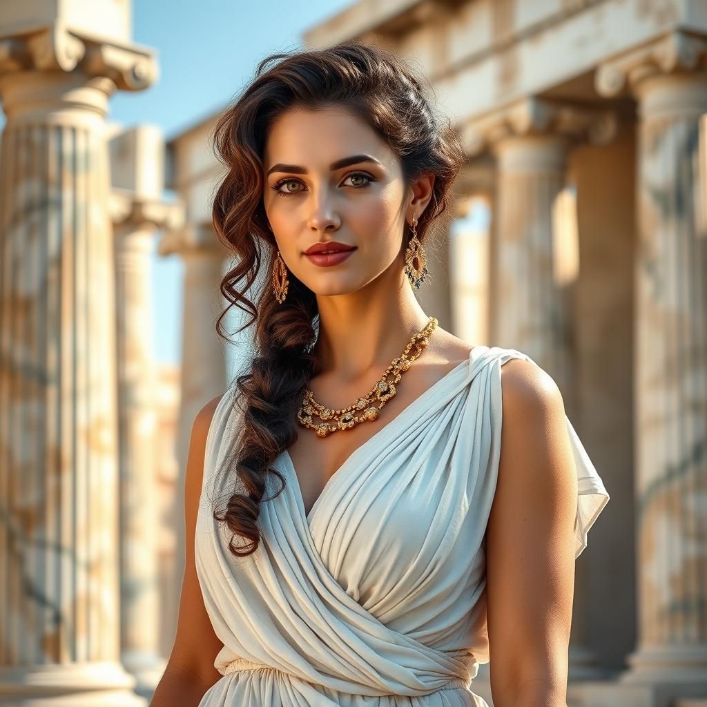 Brunette in Greek Dress at Delphi Temple