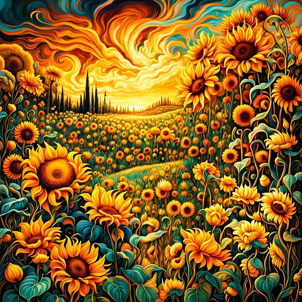 Golden Sunflowers Field at Sunset: Fantasy Matte Painting