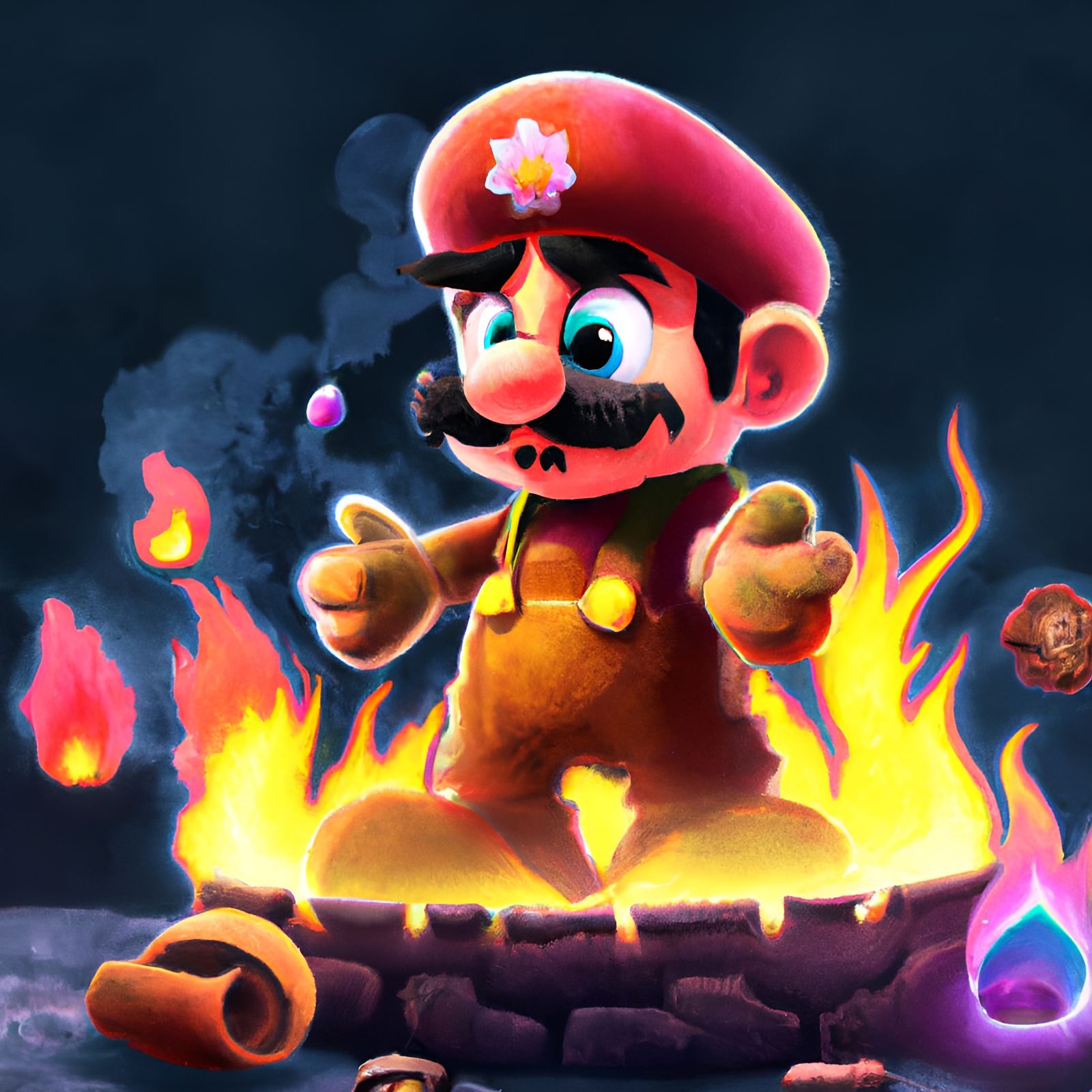 Burnt Mario in Pixar Style Digital Illustration