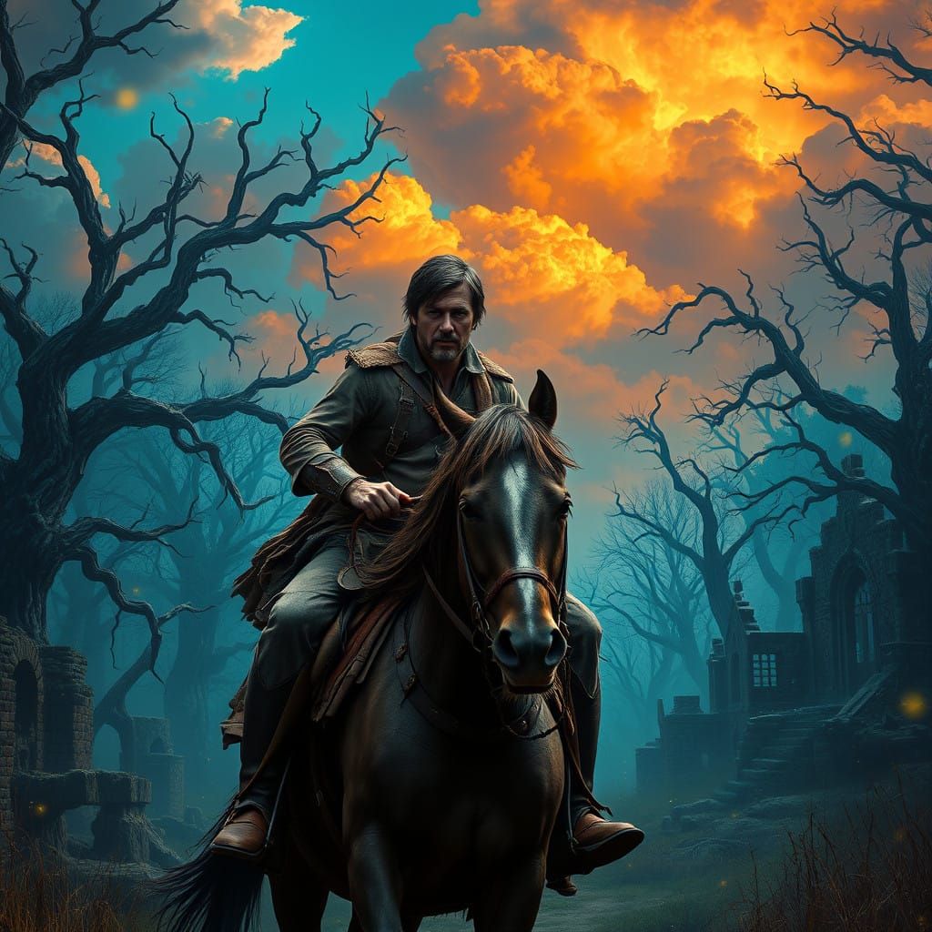 Mystical Forest Rider in Electric Blue Skies