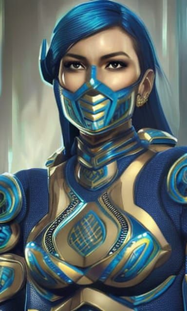 Cyan-Haired Woman in Detailed Cyberpunk Armor