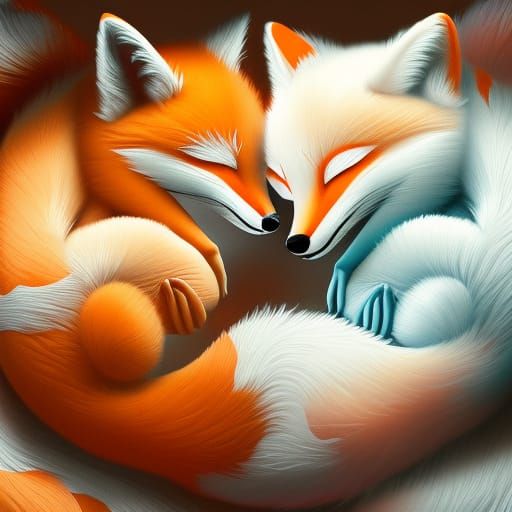 Yin Yang Foxes in Oil Painting Style