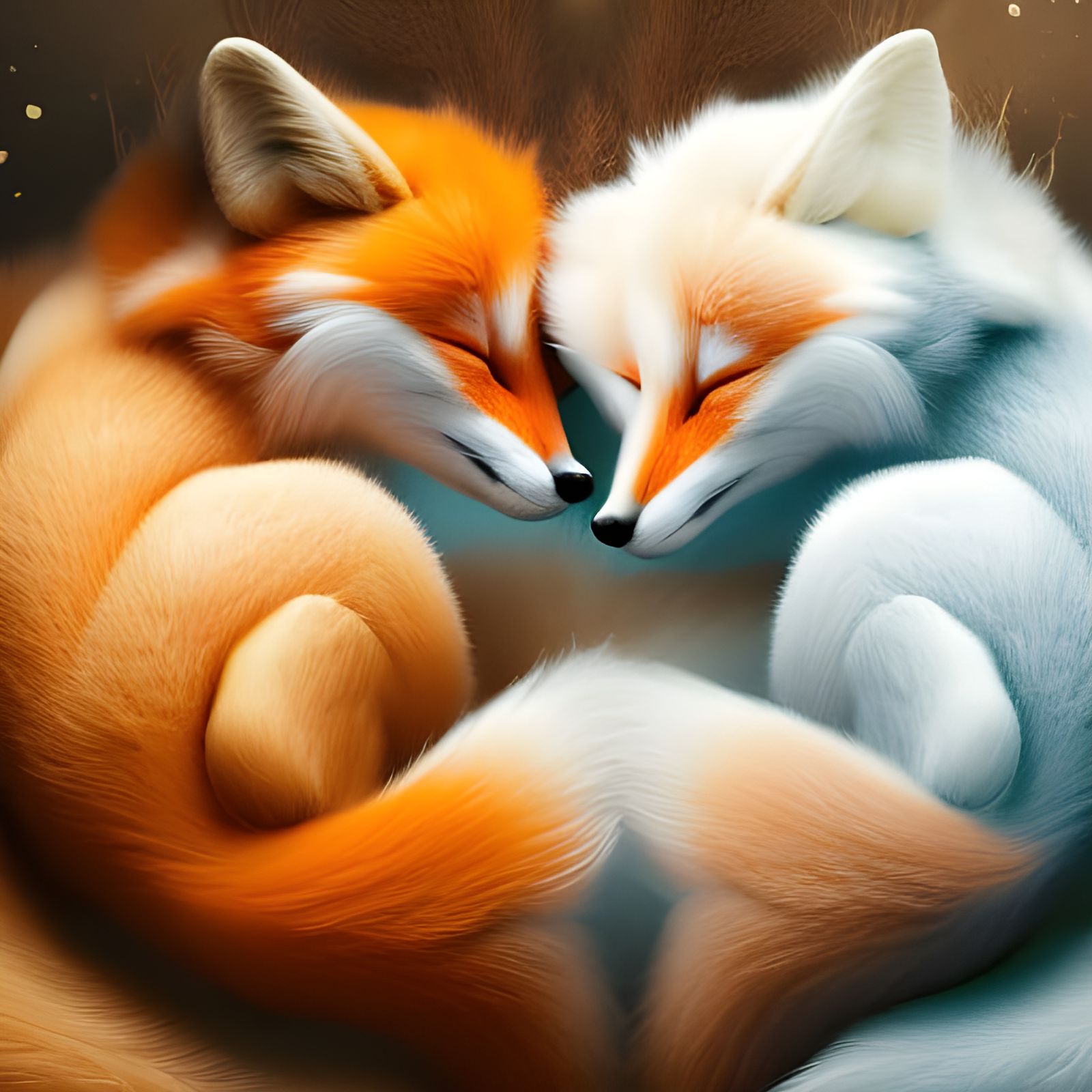 Yin Yang Symbol of Sleeping Foxes: Oil Painting