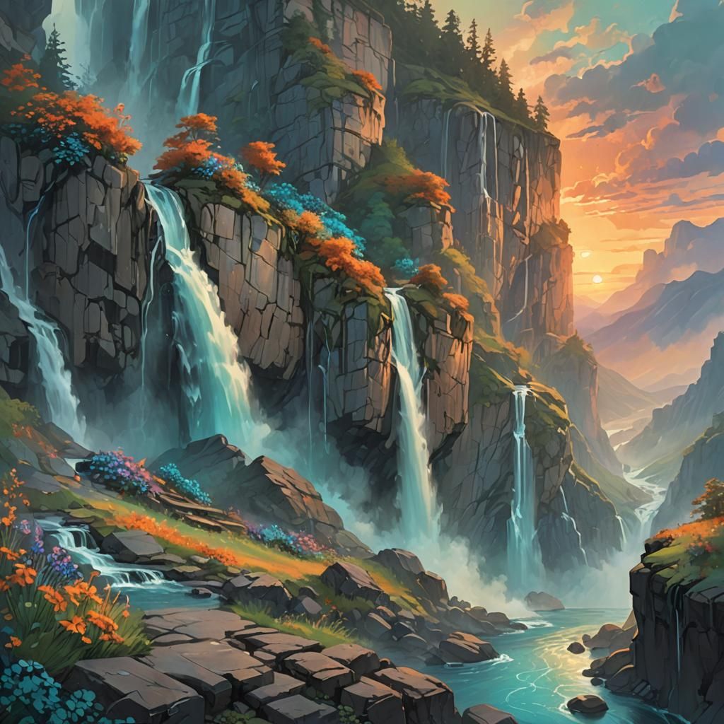 Ethereal Waterfall Sunset: Fantasy Concept Art