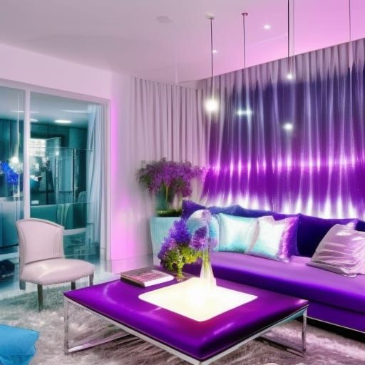 Colorful lights penthouse with White walls with colorful lights like blue, purple,Green,red,pink &Silver accents& shimme...