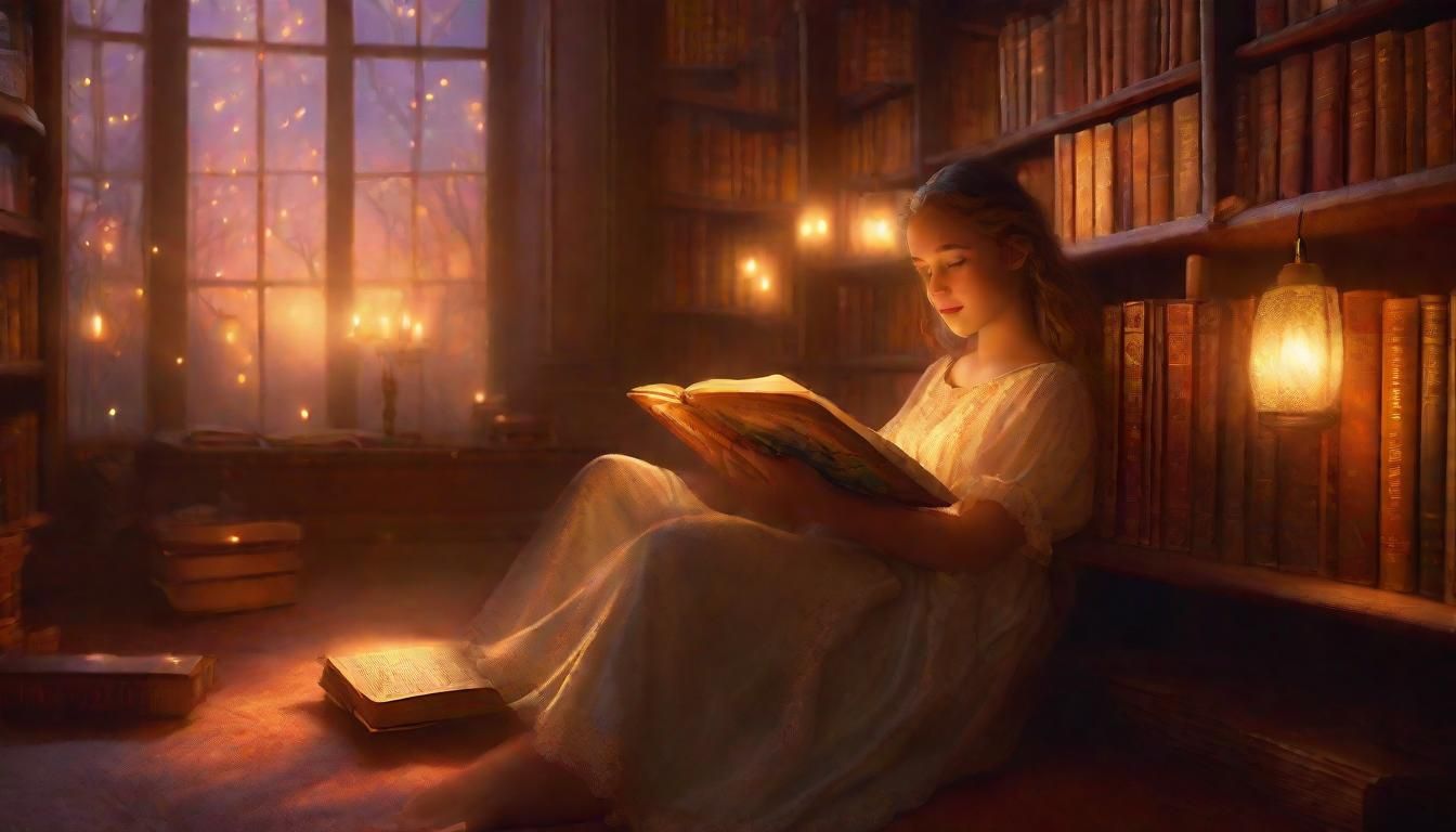 Ethereal Fantasy Girl Reads in Magical Library