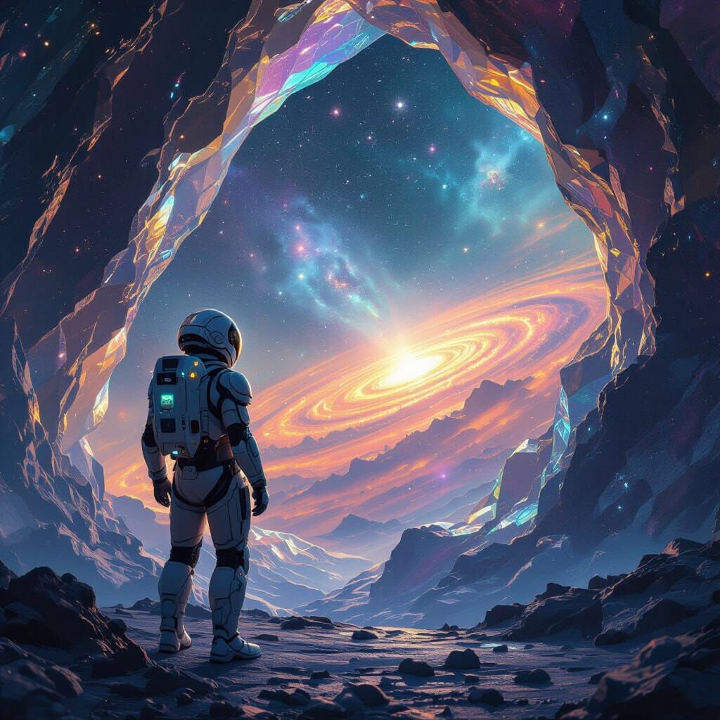 Chrome Wanderer Gazes into Bioluminescent Geode Galaxy