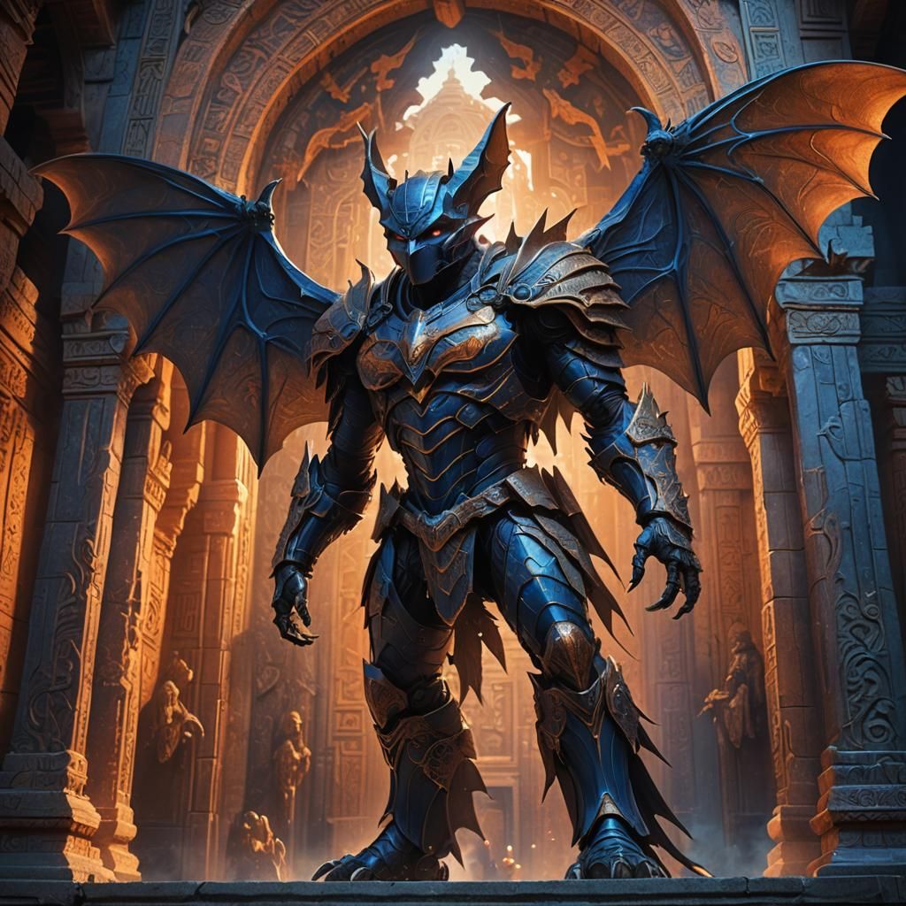 Armored Humanoid Bat in Ancient Temple