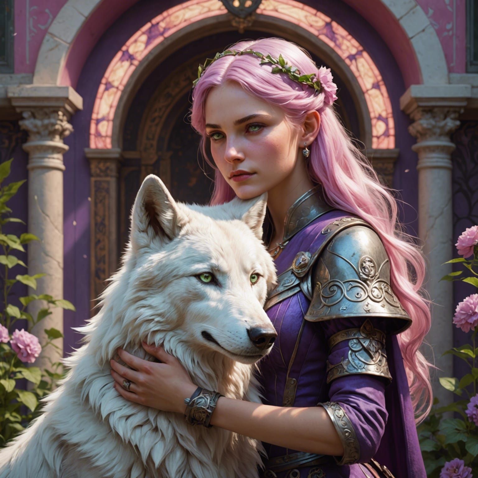 Wolf Women Embrace in Garden: Hyperdetailed Art
