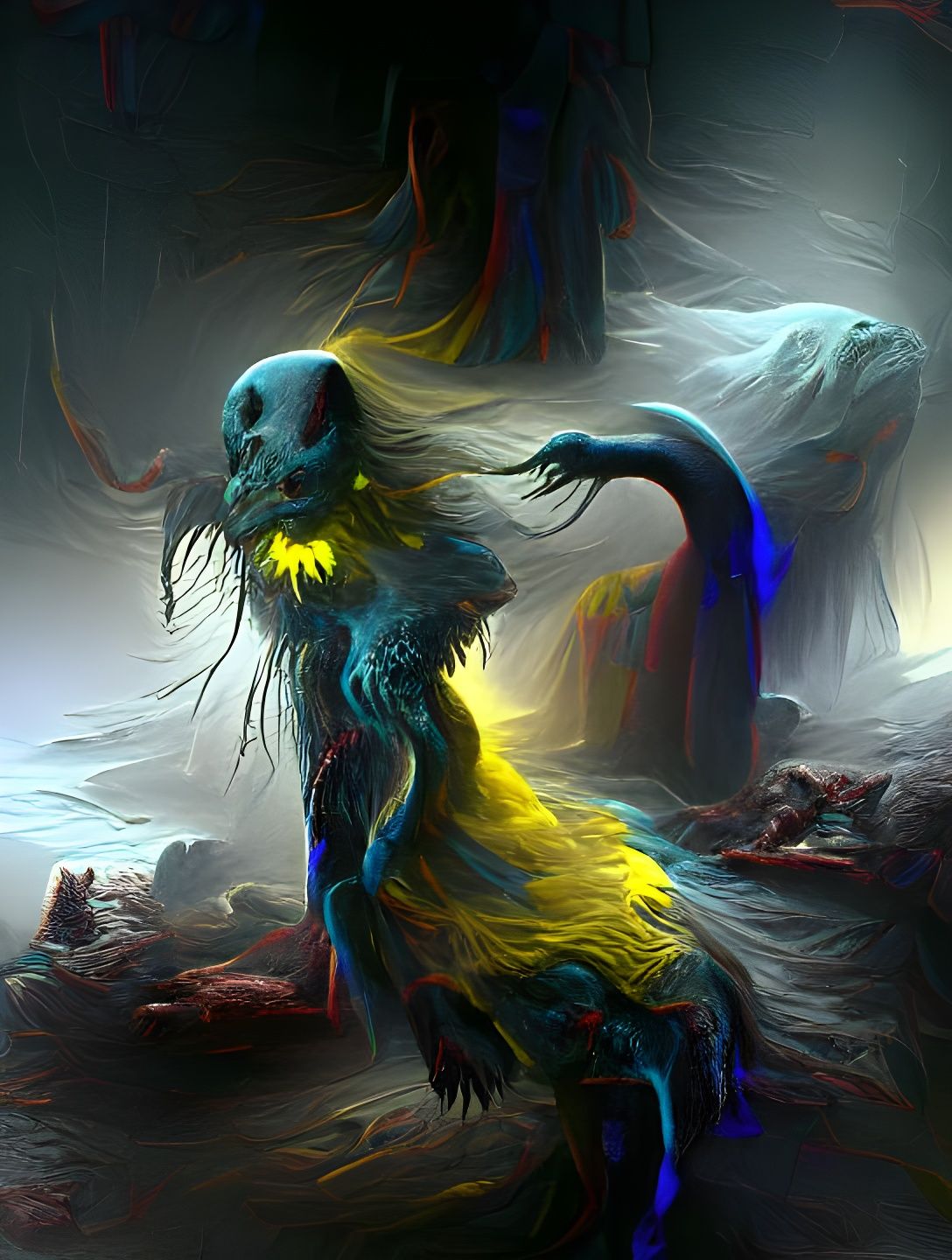 Feline Humanoid in Feather Dress, Beksiński Style