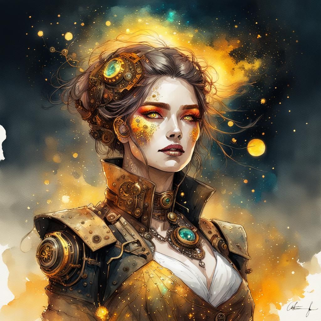 Steampunk Goddess in Digital Watercolor Style