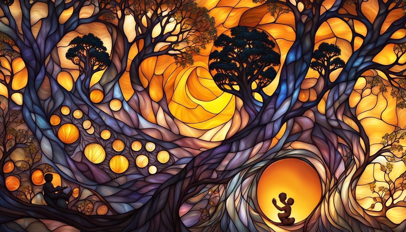 Tiffany Stained Glass Cradle in Tree, Backlit