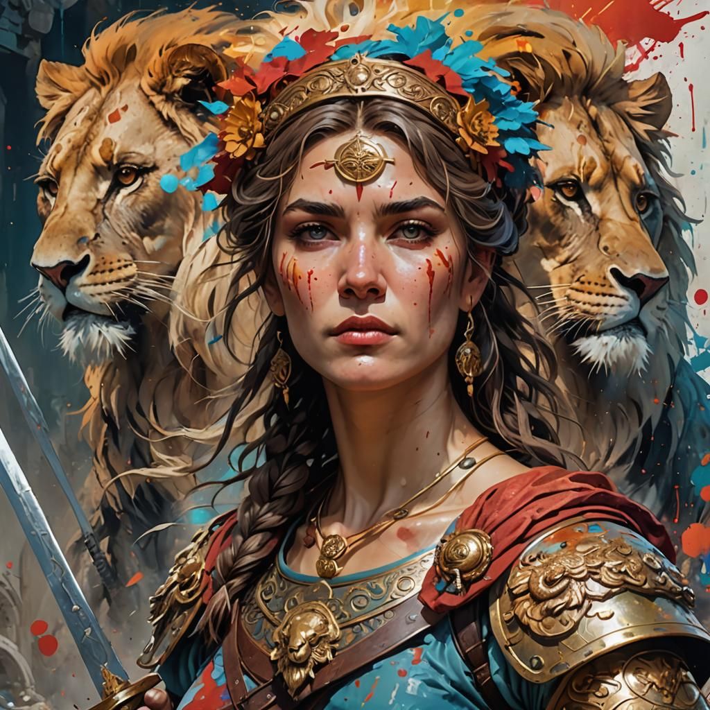 Roman Lady Warrior with Lions and Sword