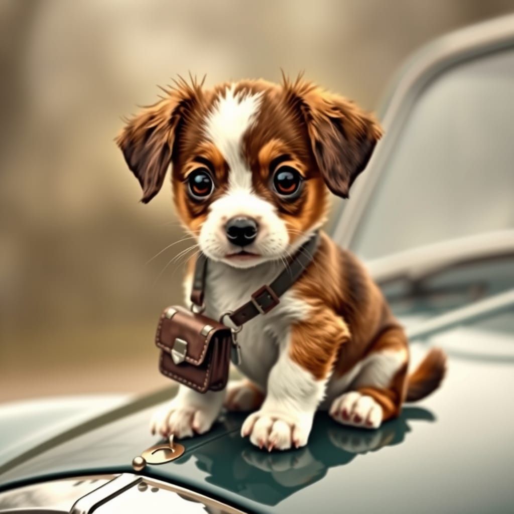 Vintage-Style Puppy Reads on a Classic Car