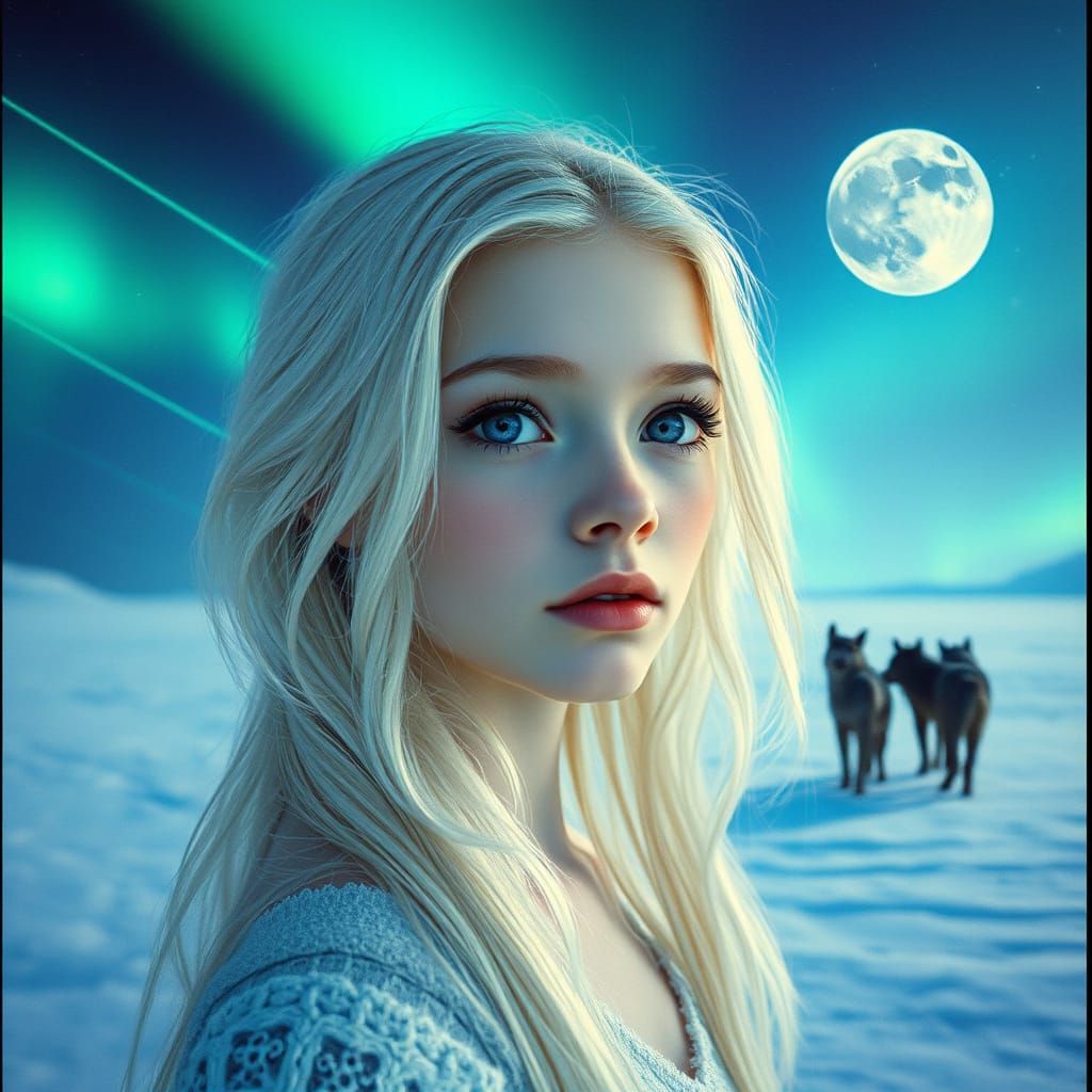 Ethereal Girl Standing in Frozen Tundra with Aurora Borealis