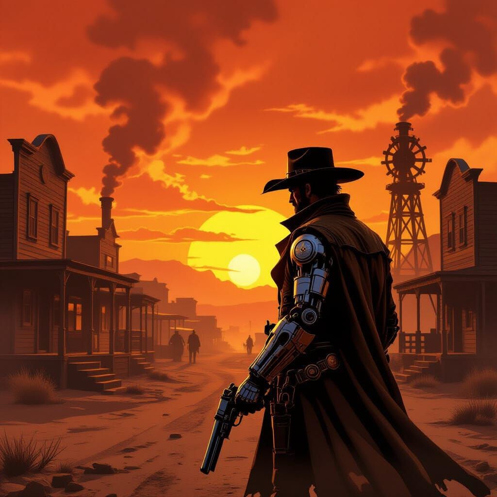 Clockwork Gunslinger Silhouetted Against Sunset