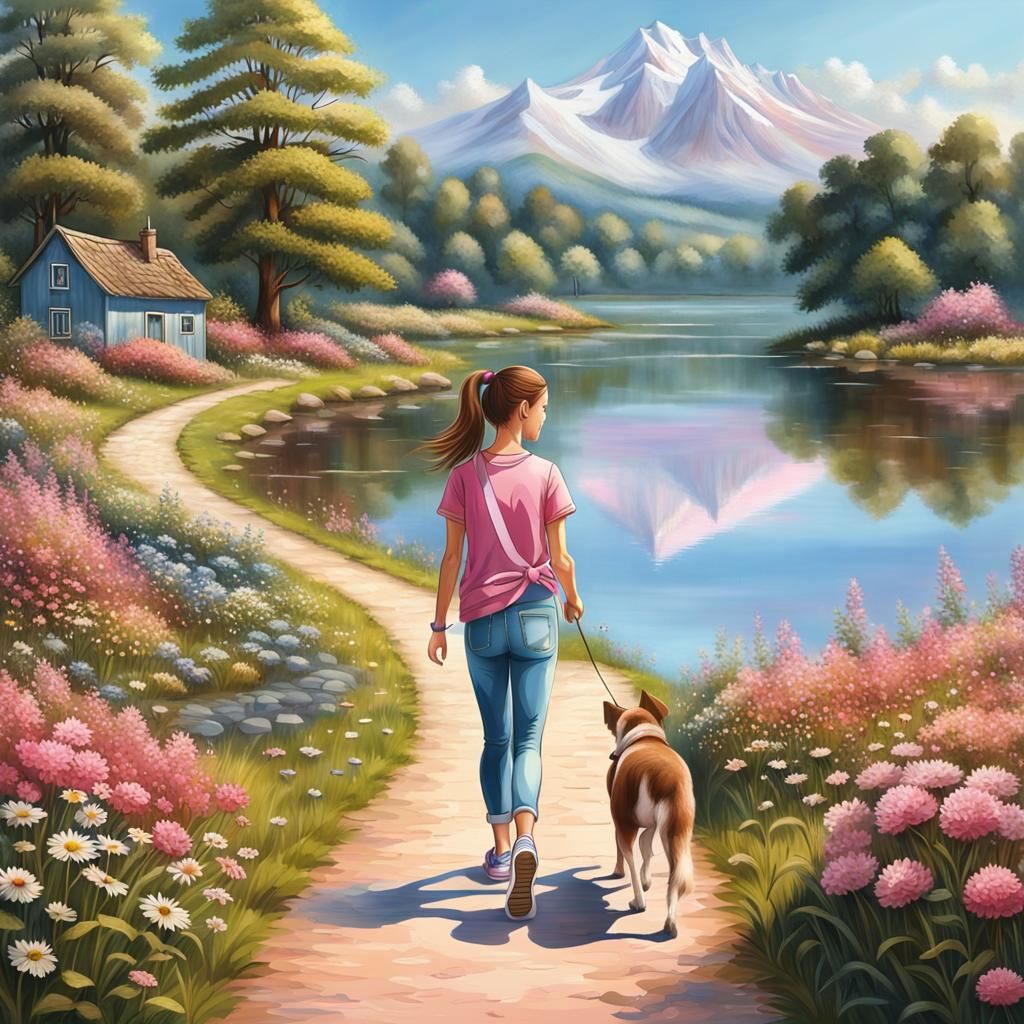 Countryside Scene with Girl and Dog