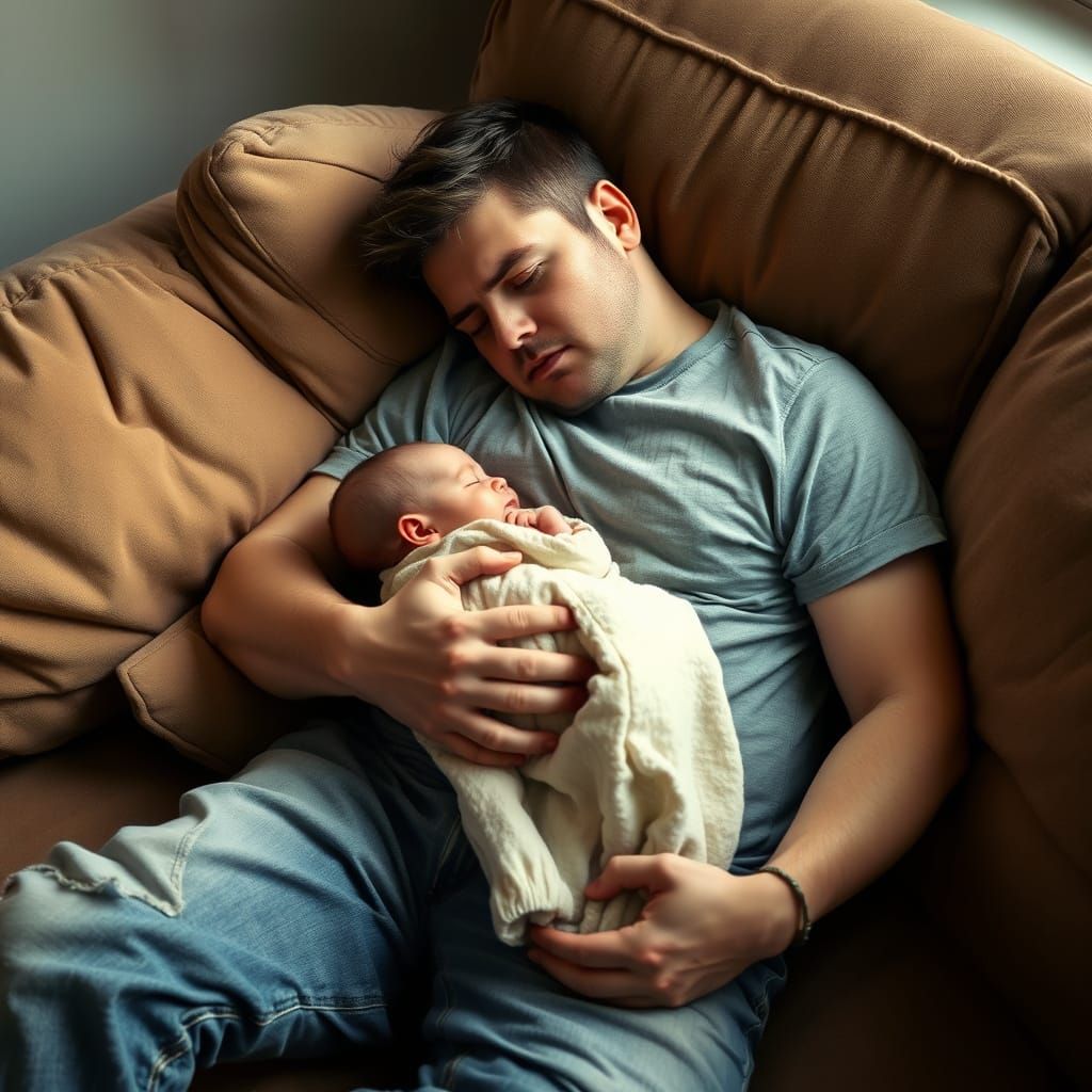 Father and Newborn Baby in Rockwell-esque Scene