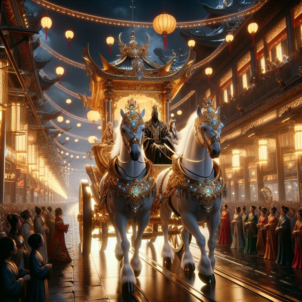 Create a chariot being pulled by 6 white horses. The chariot...