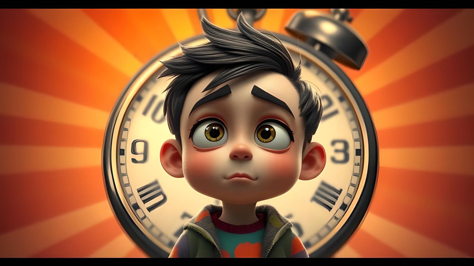 Exhausted Cartoon Boy with Clock in 3D Style