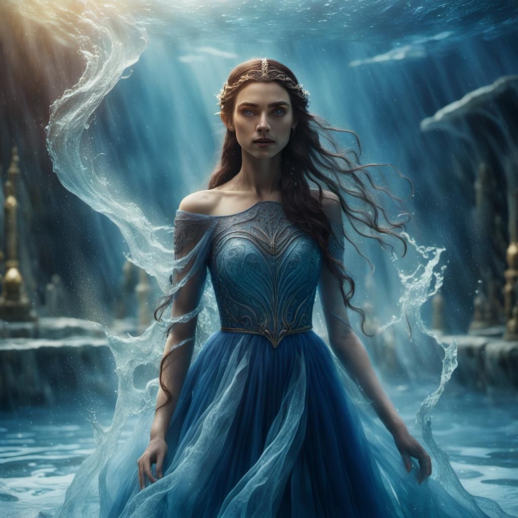 Enchanting Elf Woman in Swirling Water, Fantasy Art