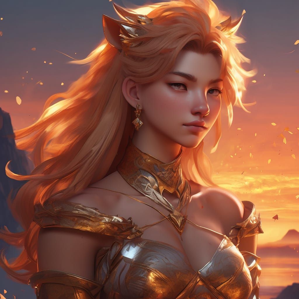 Majestic Lioness Against Fiery Sunset Gradient