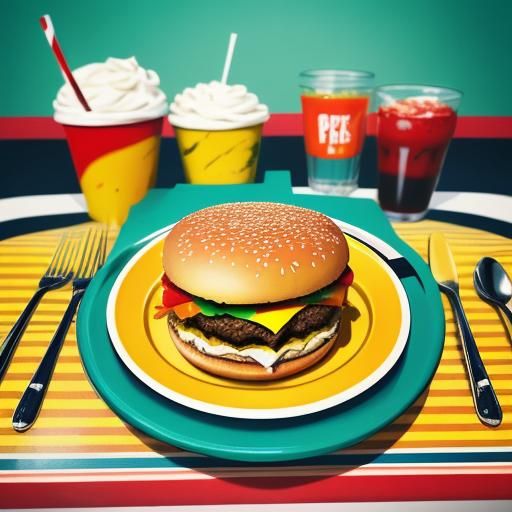 Vibrant Pop Art Cheeseburger and Shakes