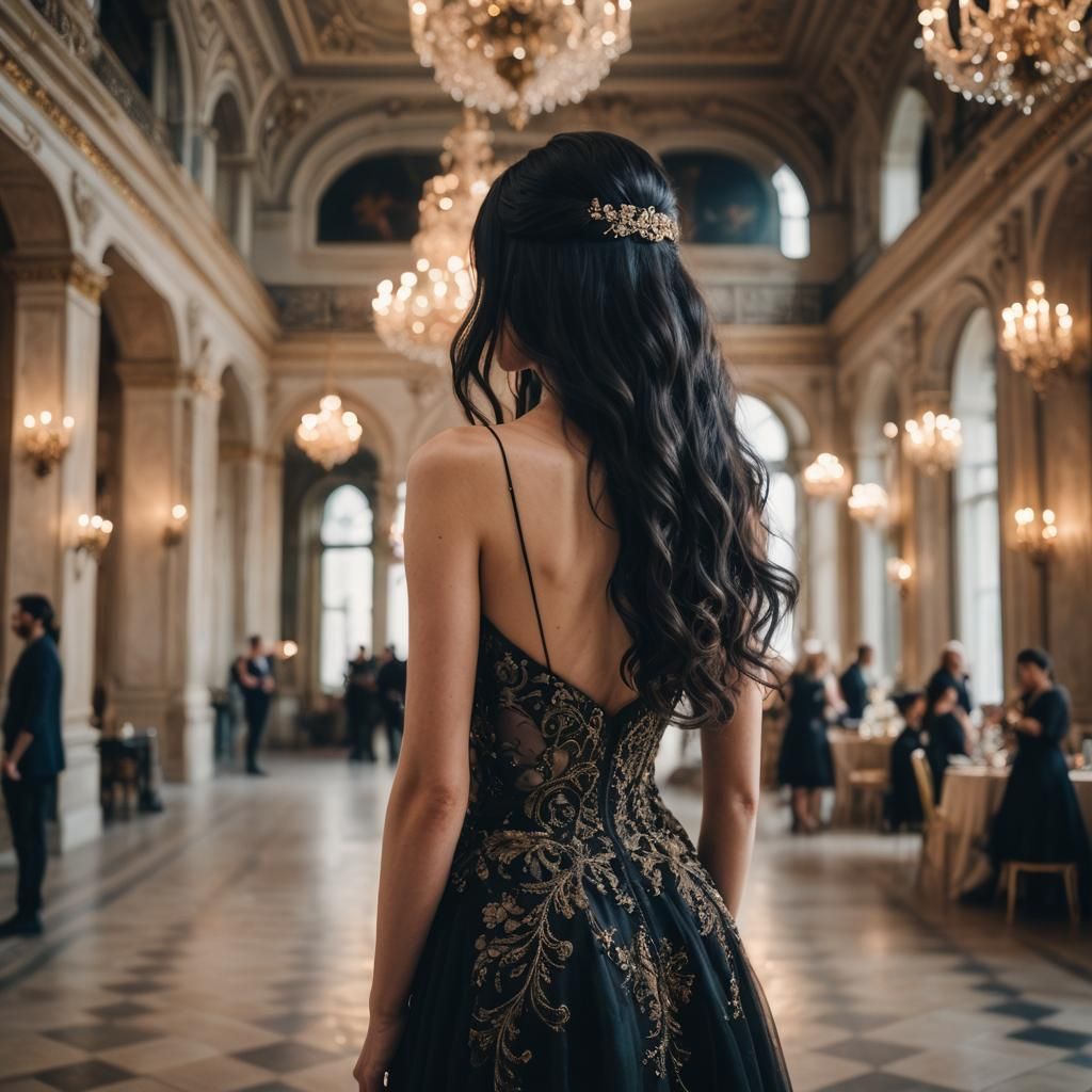 Woman at Palace Ball with Flowing Black Hair