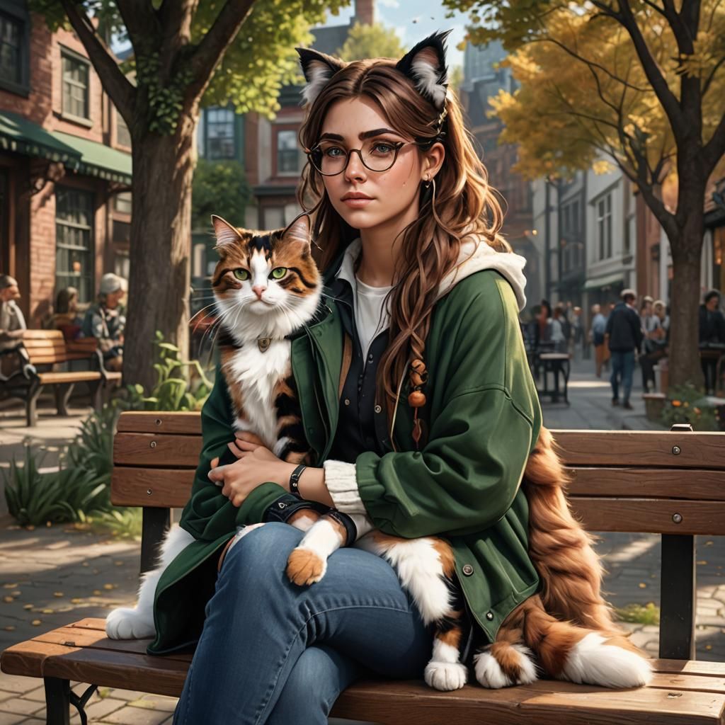 Girl with Calico Cat Features, Detailed Matte Painting