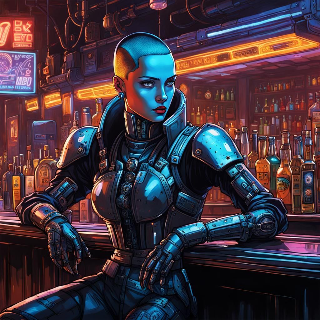 Cyberpunk Cyborg at Bar with Robotic Arms