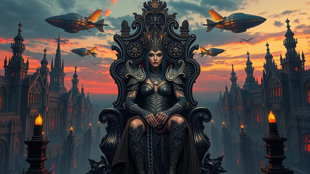 Gothic Punk Fantasy Queen on Throne, Impasto Gouache