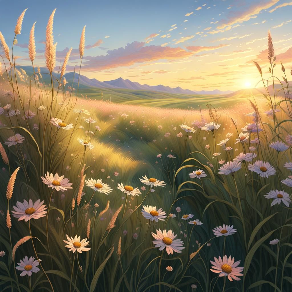 Serene Meadow at Sunset: 3D Digital Art
