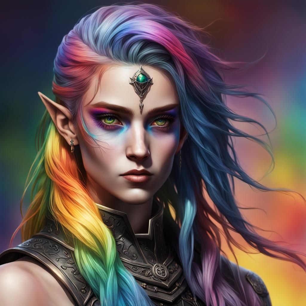 Hyperrealistic Thalmor Woman with Rainbow Hair