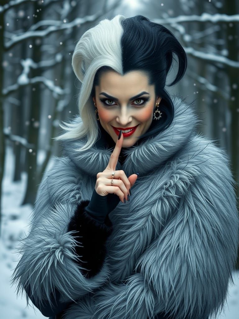 Cruella's Sinister Smile in a Winter Forest