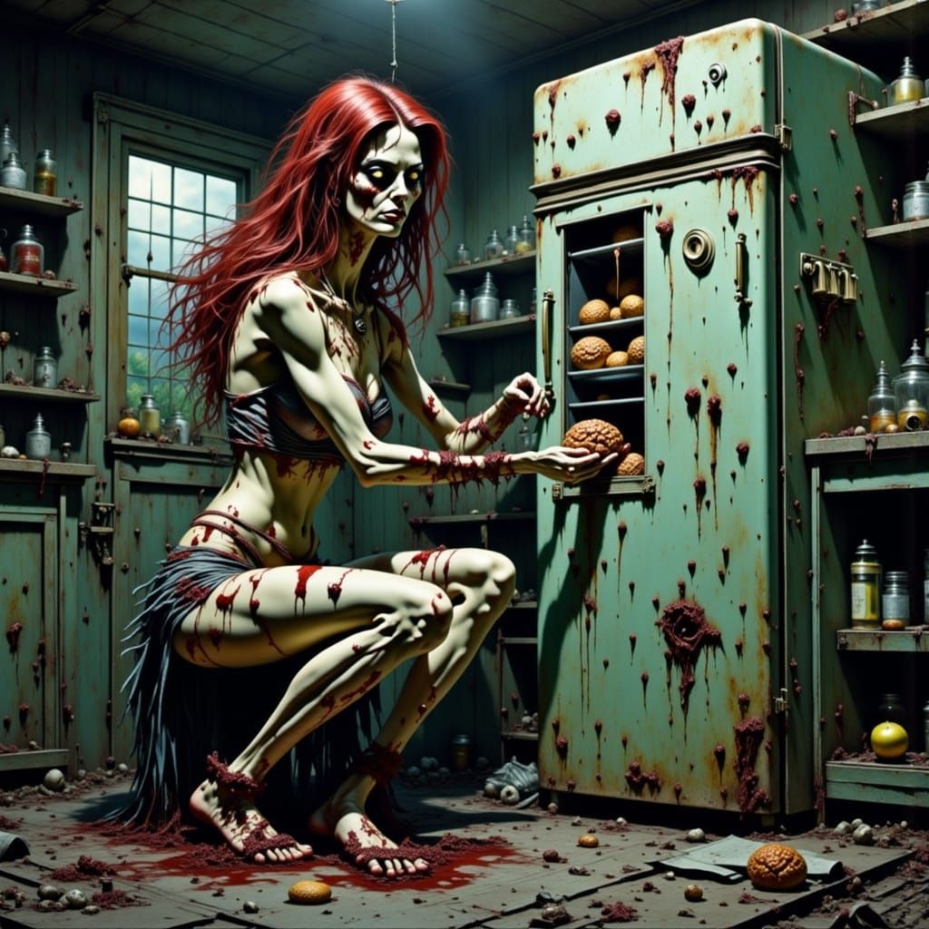 Zombie Female Rummages Through Rotting Refrigerator
