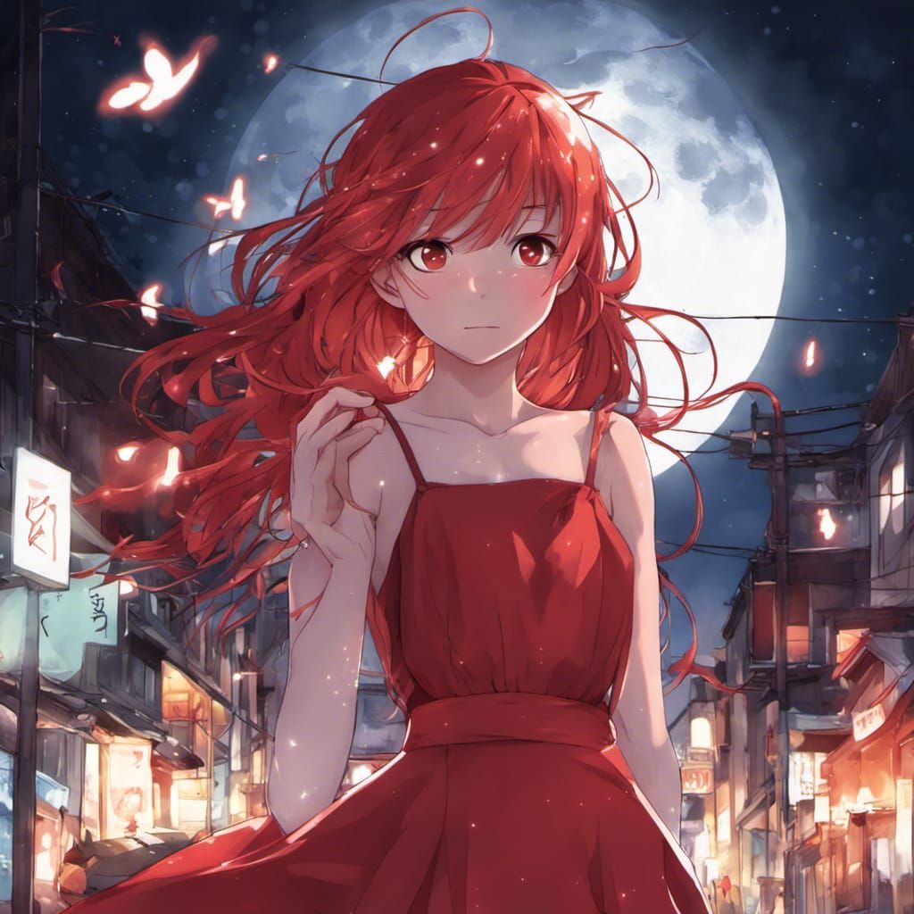 Red Haired Girl in Anime Style Under Moonlight