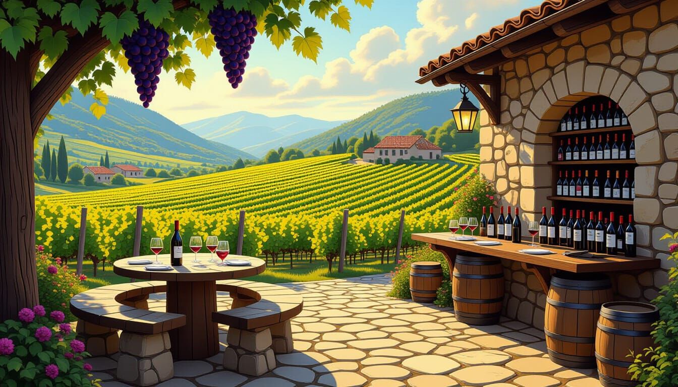 Vineyard Wine Shop in Lush Valley, Warm Tones