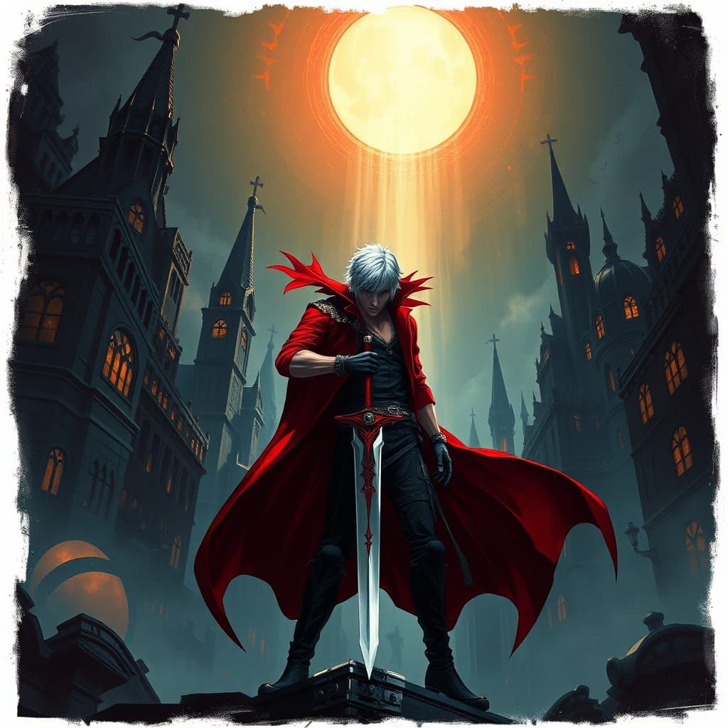 Dante Ready for Battle in Gothic Cityscape