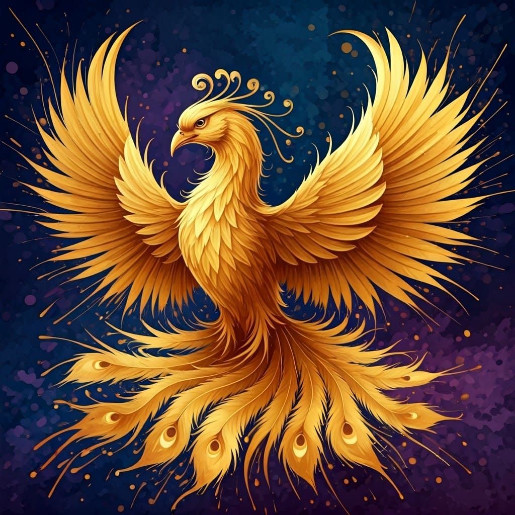 Majestic Golden Phoenix Bird in Ink Splash Art