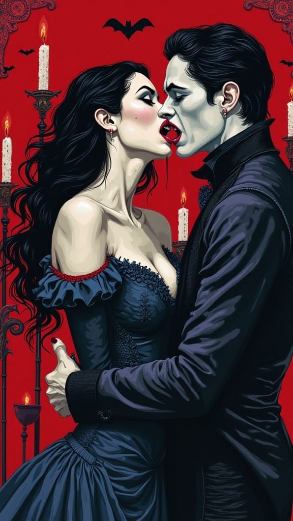 Retro Gothic Horror: Vampire's Embrace in Pixelated Embroide...