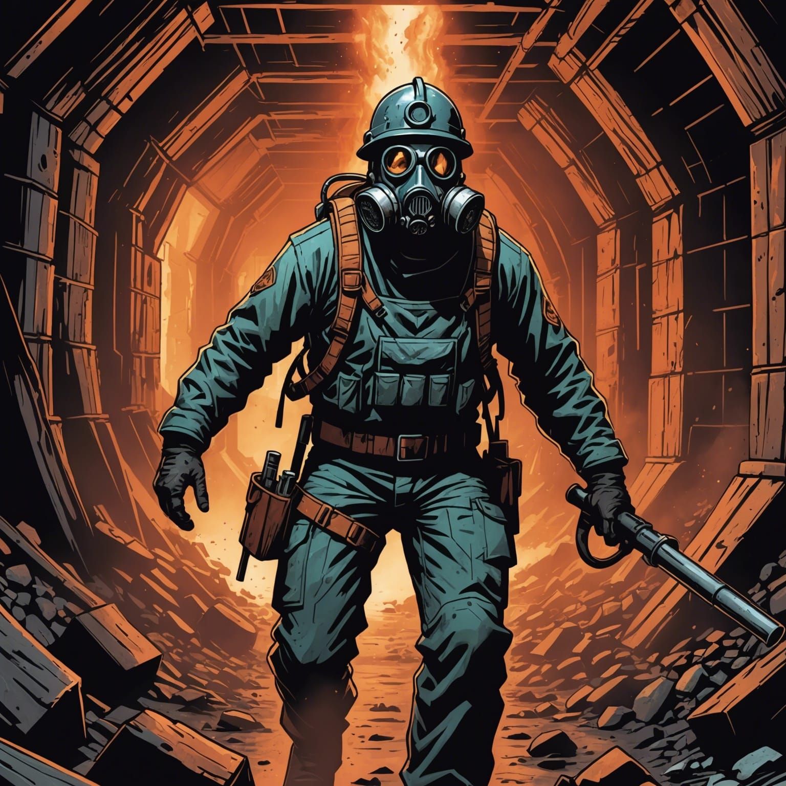 Bloody Miner with Gas Mask Comic Book Art